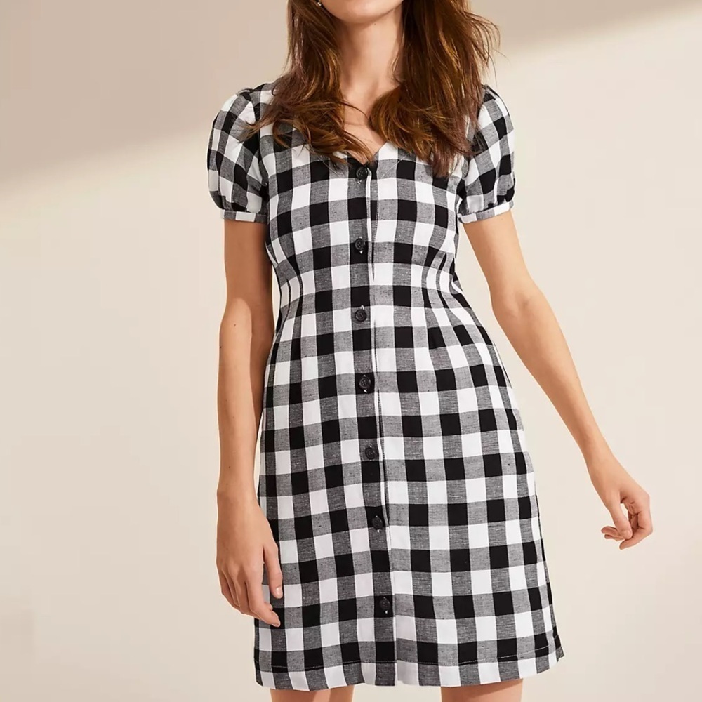 LOFT Gingham Puff Sleeve Button Front V-Neck Dress Linen Black White Check 2